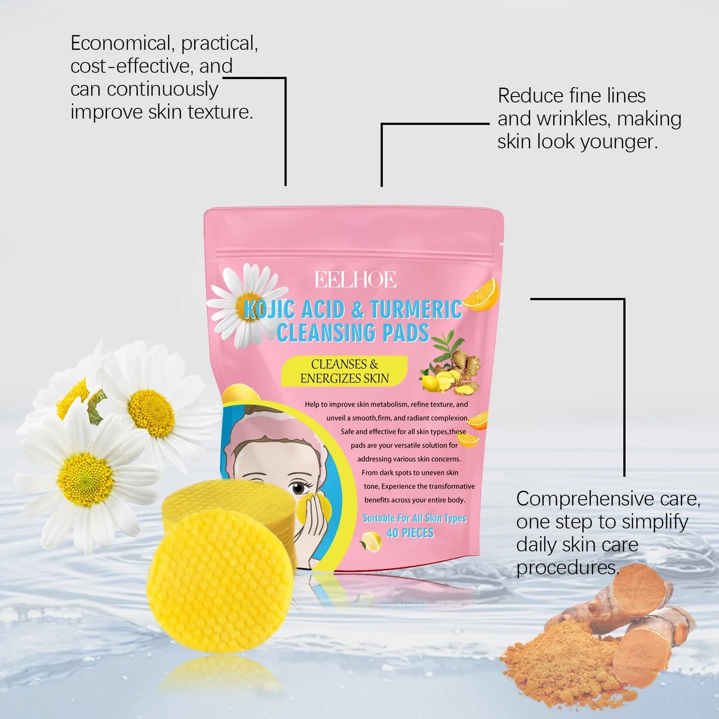 40Pcs Turmeric Kojic Acid Cleansing Pads Exfoliating Pads Facial Sponges for Cleansing Exfoliating Daily Cleaning Skin Care Gift