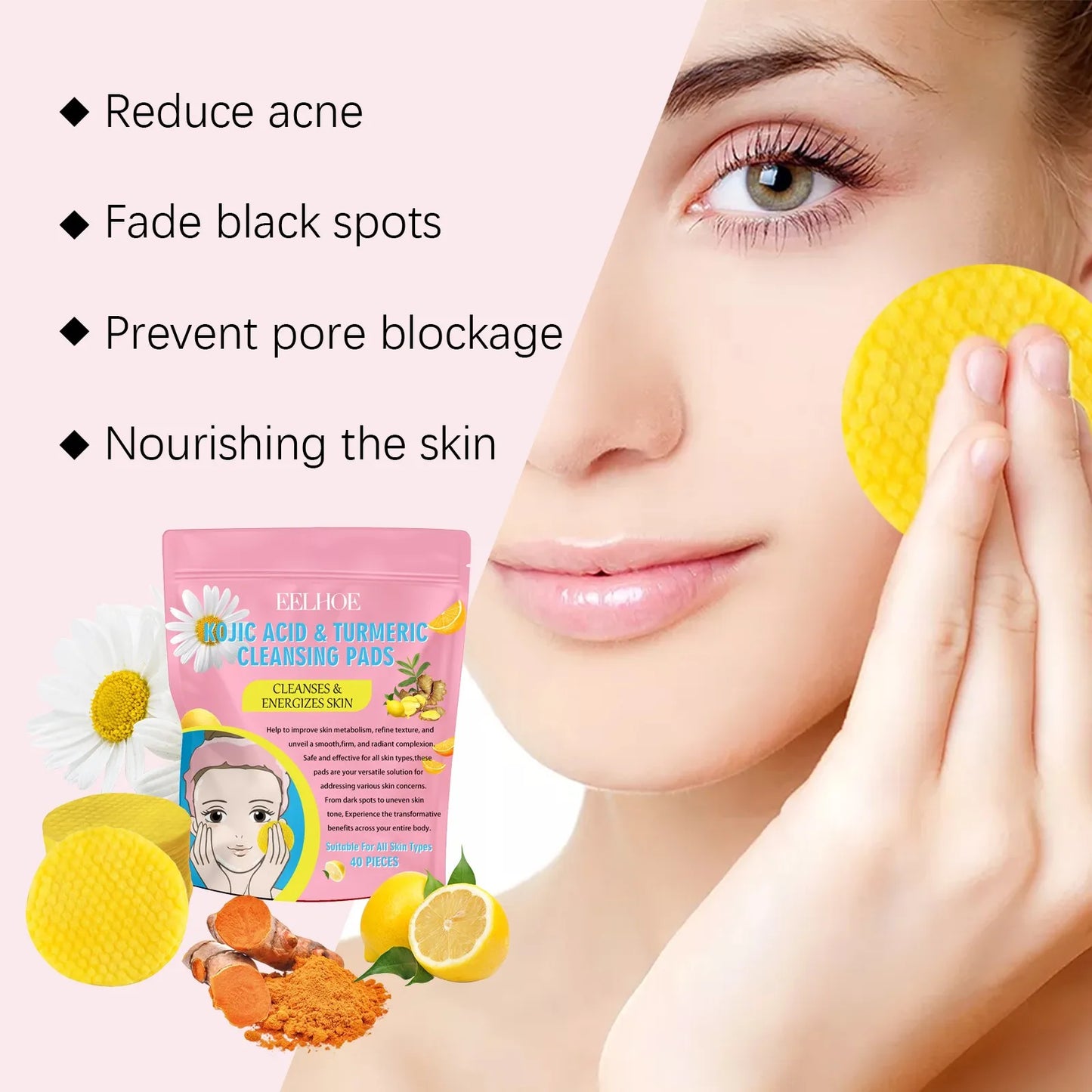 40Pcs Turmeric Kojic Acid Cleansing Pads Exfoliating Pads Facial Sponges for Cleansing Exfoliating Daily Cleaning Skin Care Gift